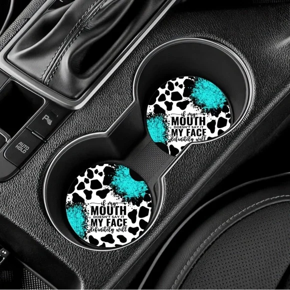 Cow Print Car Coasters with Teal Accents - Picture 3 of 6